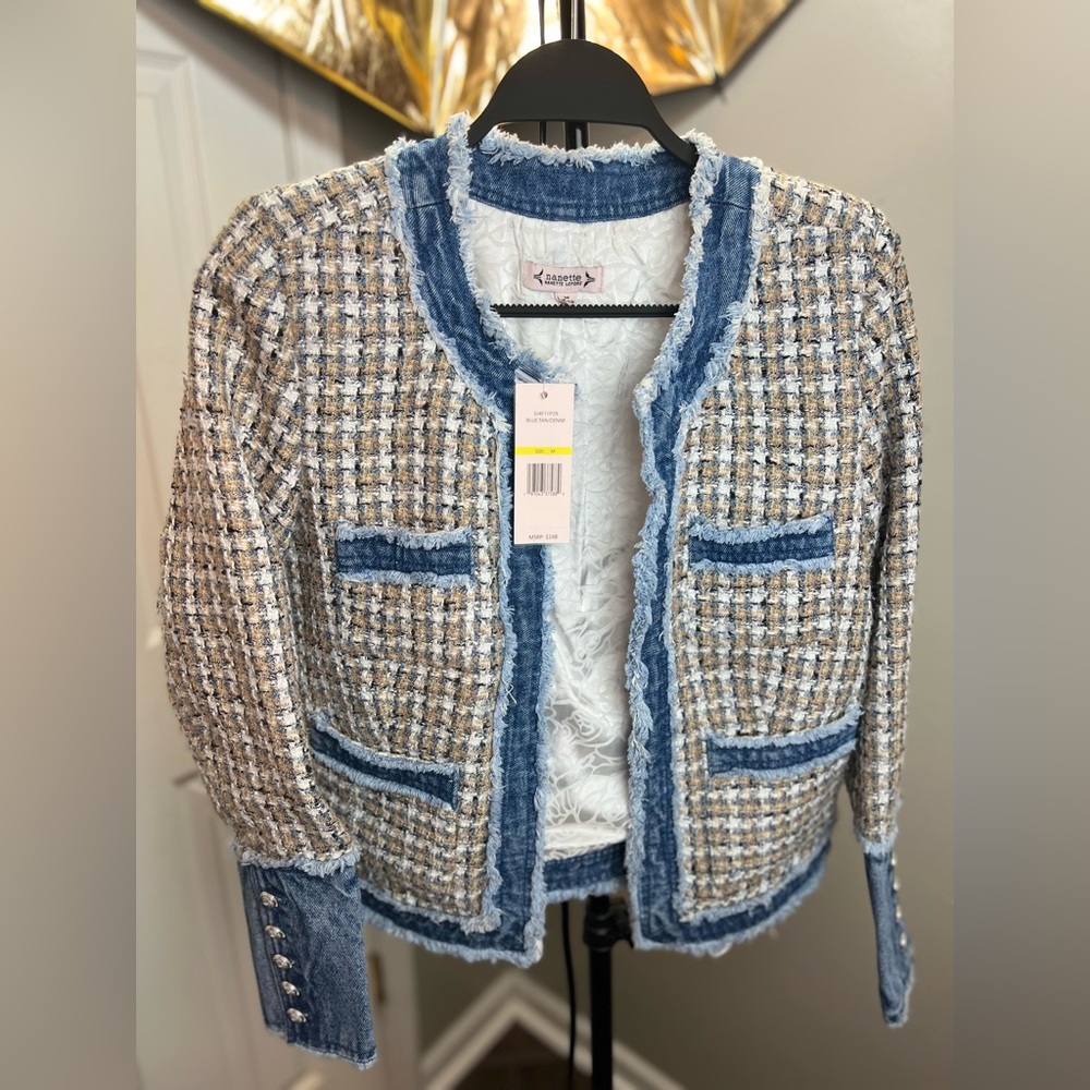 Womens Nanette Lepore Long Sleeve Open Boucle Denim Trim Jacket